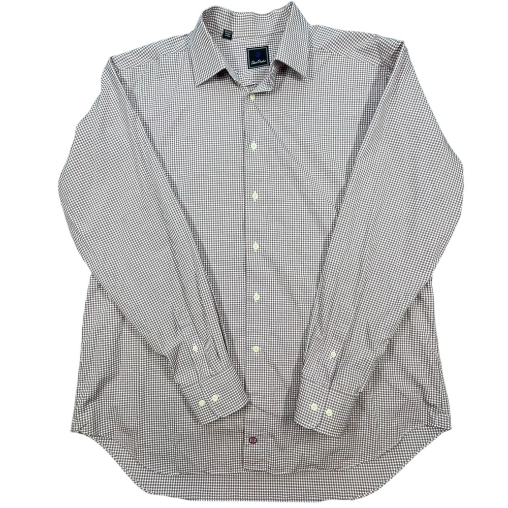 David Donahue Burgundy Gingham Long Sleeve Dress Shirt Mens 17.5 36/37